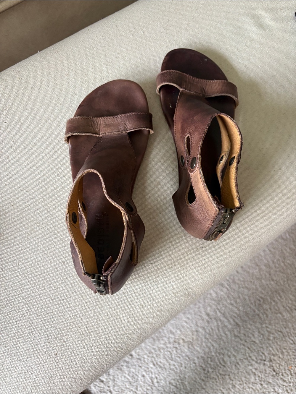 Bed Stu Brown Leather Open-Toe Zip-Back Sandals